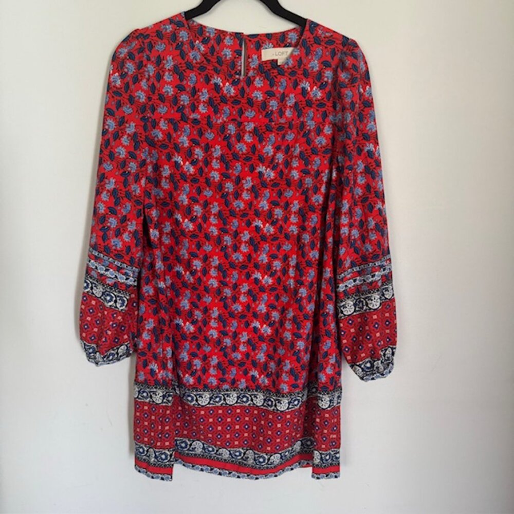 Loft Red & Blue Floral Long Sleeve Dress Size Small Petite